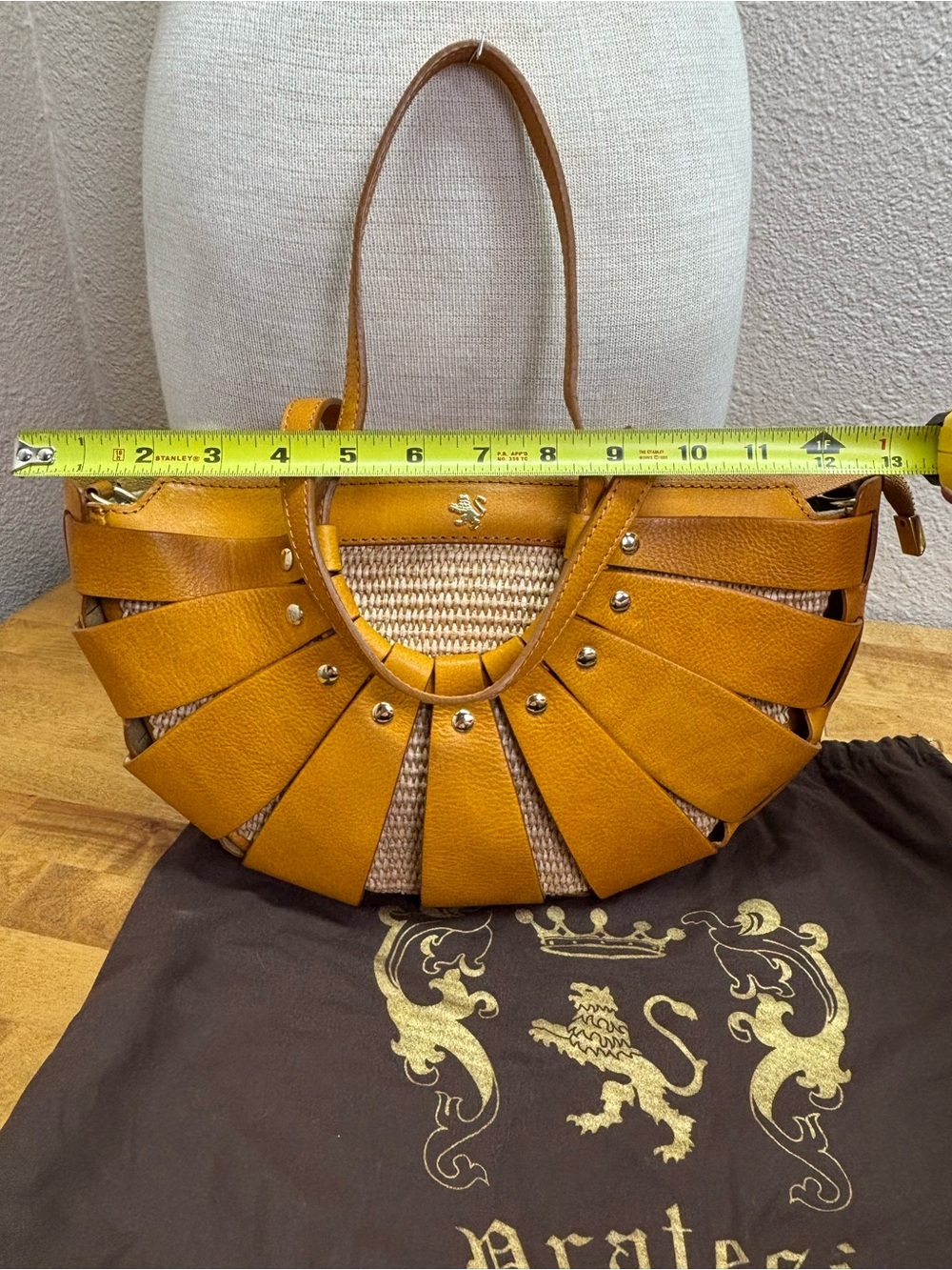 Pratesi Firenze Italian Leather Straw Fan Cage Satchel Shoulder Bag Yellow - Picture 13 of 15